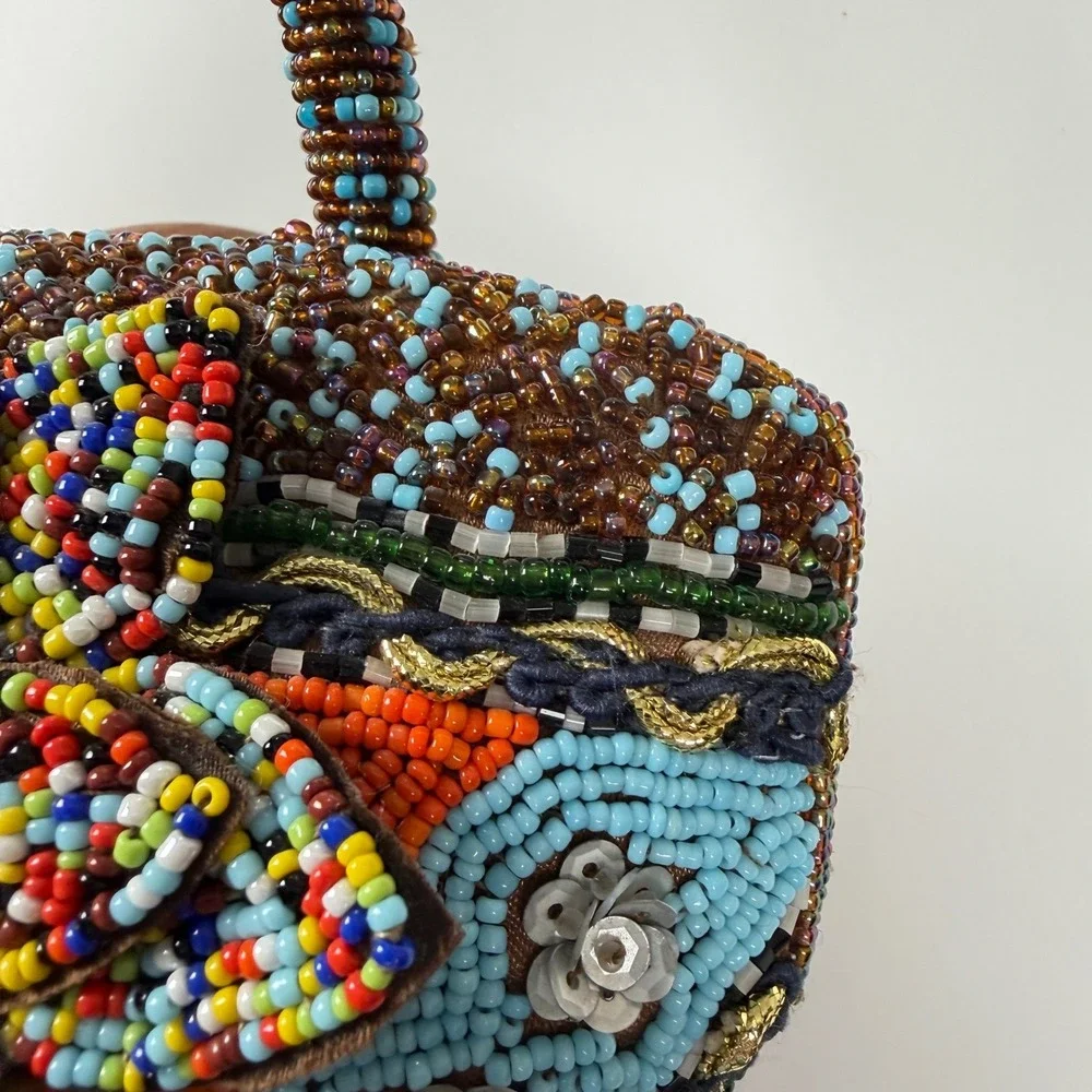 Beaded Floral Top Handle Bag Small Boho Eclectic Multicolor Purse‎